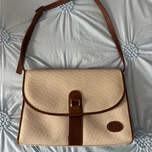 Elegant cream and brown Liz Claiborne genuine leather trim hand bag